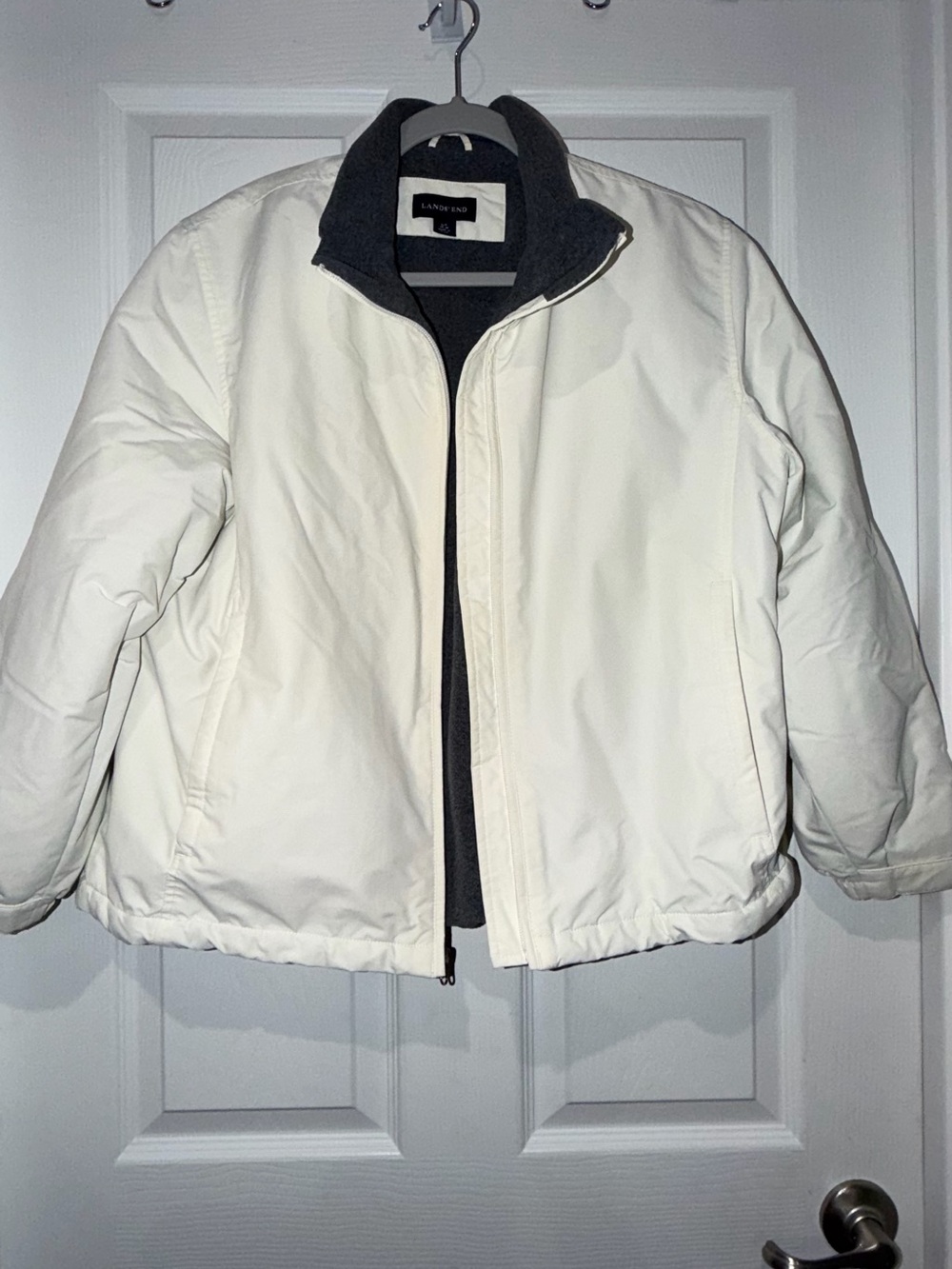 Lands' End White Puffer Jacket with Gray Fleece Liner